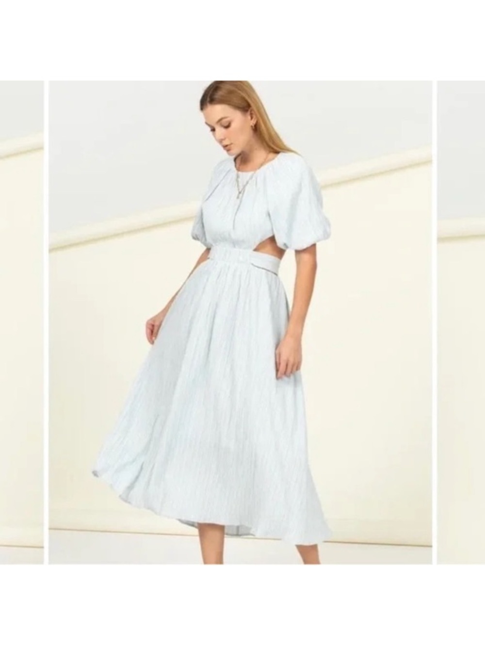 HYFVE white Puff Sleeve Cutout Midi Dress